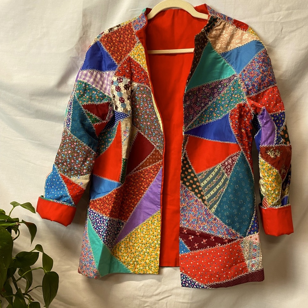 Quilted Patchwork Womens Coat S/M Handmade Vintage! ❤️🧡💛💜